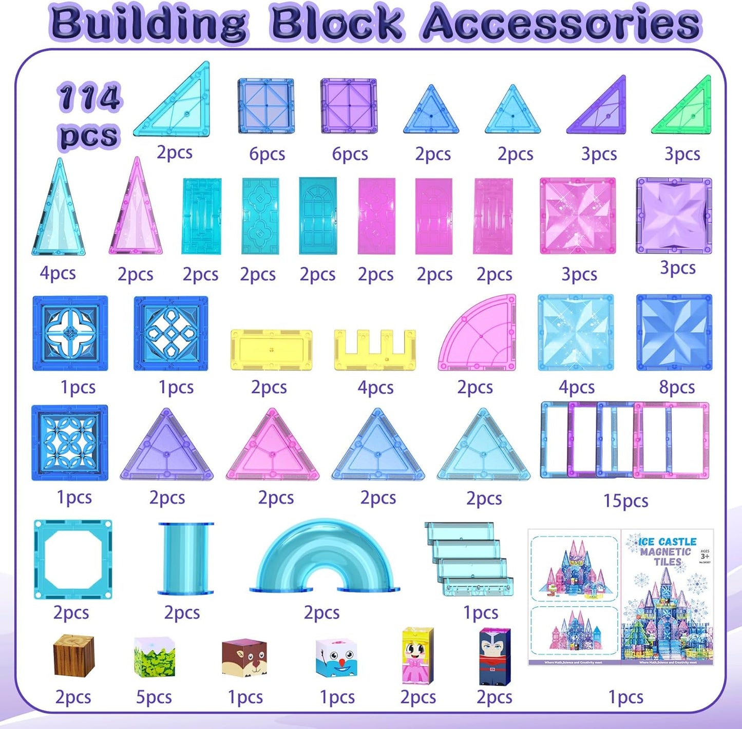 SKTMYY 114pcs Magnetic Tiles for Kids,3D Diamond Princess Ice Castle, Magnetic Tiles Age 3-5 4-8,STEM Educational Toys for Girls Kids Birthday Gift