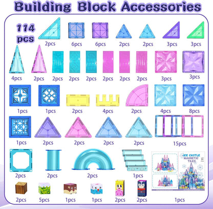 SKTMYY 114pcs Magnetic Tiles for Kids,3D Diamond Princess Ice Castle, Magnetic Tiles Age 3-5 4-8,STEM Educational Toys for Girls Kids Birthday Gift