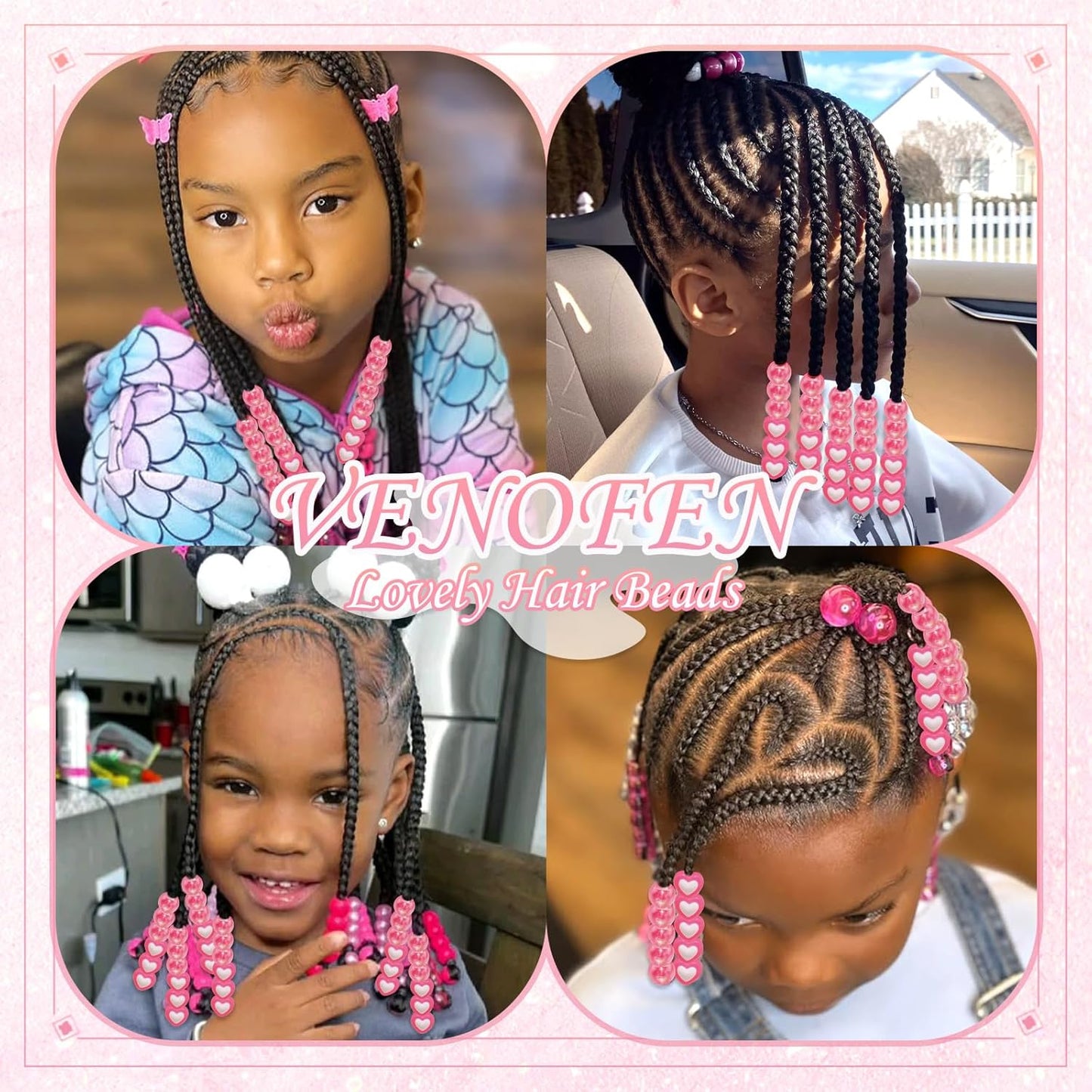 60PCS Pink White Hair Beads for Braids Three Styles Cute Loc Beads Heart Shape Bead for Kids Dreadlock AB Color Round Pony Bead Accessories