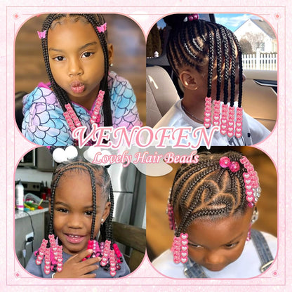 60PCS Pink White Hair Beads for Braids Three Styles Cute Loc Beads Heart Shape Bead for Kids Dreadlock AB Color Round Pony Bead Accessories