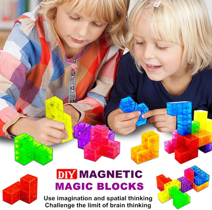Magnetic Building Blocks Magic Magnetic 3D Puzzle Cubes, Set of 7 Multi Shapes Magnetics Blocks with 54 Guide Cards, Children's Educational Toys and Stress Relief Fidget Toys for Kids Adults