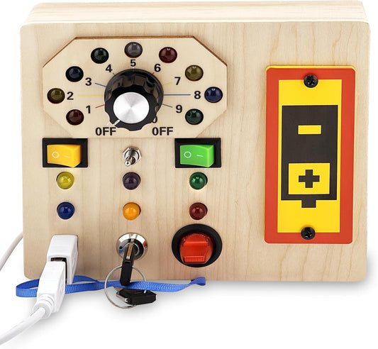 Wooden Montessori Musical Busy Board for Toddlers for 3-5 Year-Old with Mechanical Turner, Colorful Bulbs, Switches, Buttons - Enhance Sensory, Motor Skills