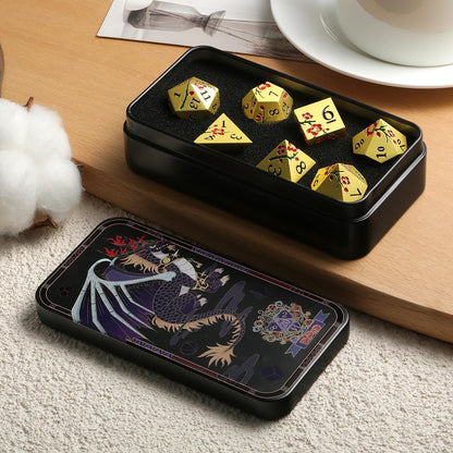 DnDnD Heavy Polyhedral Metal Dice Set with Metal Box, 7-die Shiny Blue Surface with Golden Number for RPG,Dungeons and Dragons,Pathfinder,Shadowrun,D&D,Role Palying Game and Math Teaching - Colors A