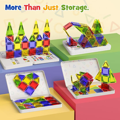 Magnetic Tiles for Kids Ages 4-8, Magnetic Blocks Travel Set with Diamond Surface & Metal Storage Box, 60PCS STEM Learning Toys, Educational Building Gifts for 3-8 Year Olds