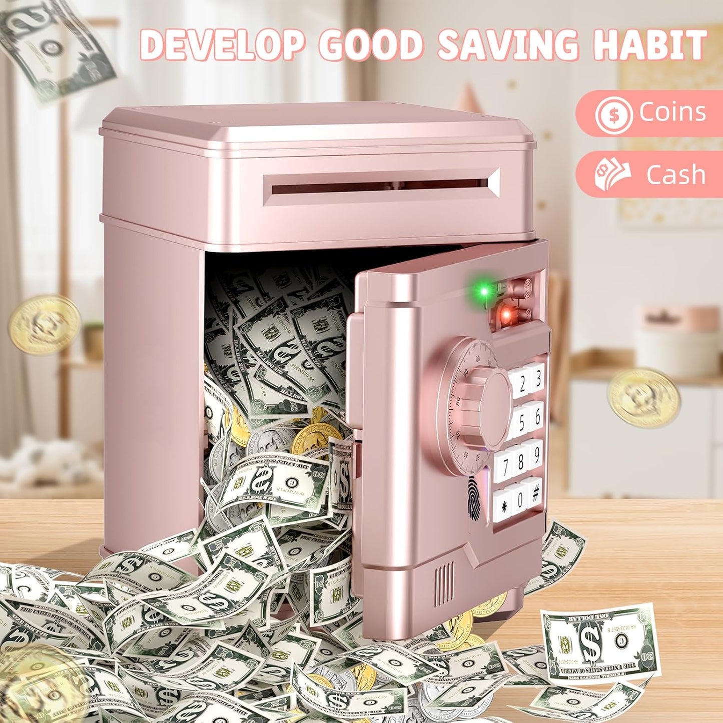Piggy Bank, Automatic Electronic Piggy Bank for Kids Boys Girls with Password and Fingerprint Unlocking Simulation, Money Bank Kids Safe Toys for 3 4 5 6 7 8 9 10 Year Old Boy Girl (Black)