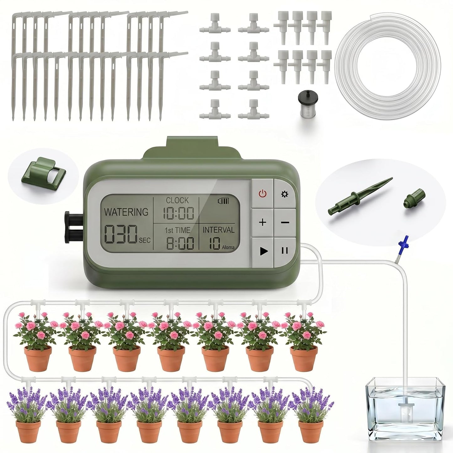 Solar Drip Irrigation System Timed Watering, Programmable Solar Water Drip for 15 Plants, Drip Irrigation Kit with 33FT 1/4'' Tube, 15x Tee Fitting, 15x Flow Valve, 15x Drip Stake(Solar Powered)