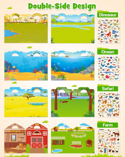D-FantiX 3D Puffy Stickers for Kids Ages 4-8, Reusable Sticker Books for Toddlers 2-4 Years, Farm Dinosaur Ocean Safari, Car Road Trip Activities, Airplane Travel Toys, Birthday Gifts for Boys Girls