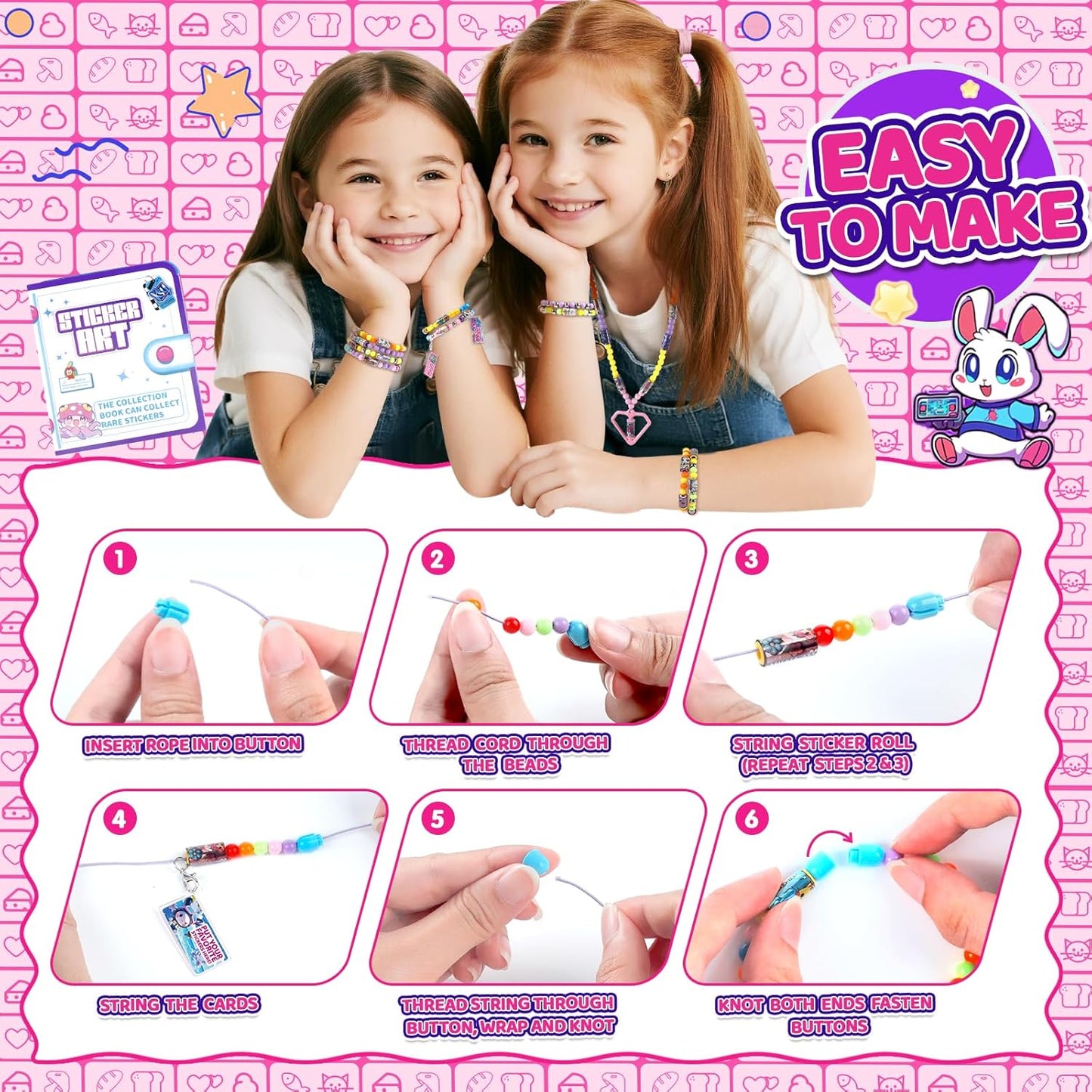 Plunack DIY Sticker Jewelry Making Kits Bracelets for Kids, Stickers Set, Includes Beads & Charms & Pendants, 320Pcs Mini Holographic Stickers, Bracelet Making Kit for Girls 6-12 Birthday Gift