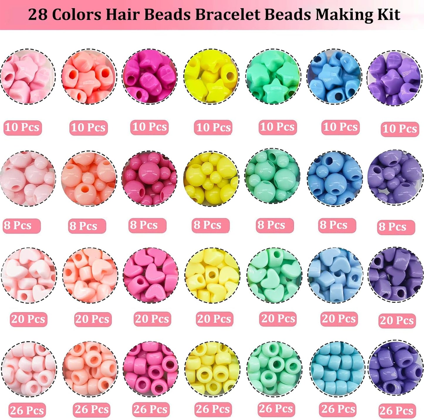 JJzxwish 1605 Pcs Hair Beads for Braids with Elastic Rubber Band Threaders Kit, Candy Color Acrylic Mickey Heart Star Alphabet Beads Pastel Pony Bead Kandi Bead for Bracelet Jewelry Making DIY Craft