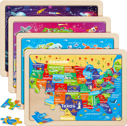 SYNARRY Large US World Earth Solar System Wooden Puzzles for Kids Gift Box(12.2 * 9.4 in), Puzzles for Toddlers 3-5, Wood Puzzles for Kids Ages 4-6, Easter Basket Stuffers Gifts for Kids