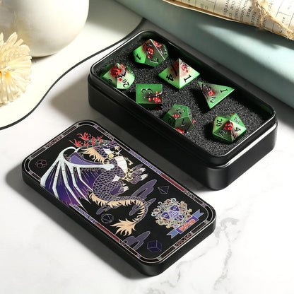 DnDnD Heavy Polyhedral Metal Dice Set with Metal Box, 7-die Shiny Blue Surface with Golden Number for RPG,Dungeons and Dragons,Pathfinder,Shadowrun,D&D,Role Palying Game and Math Teaching - Colors A