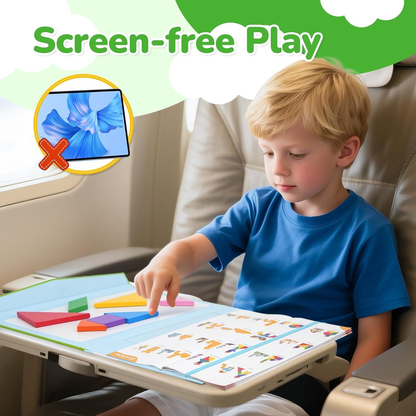 BenBen Travel Tangram Puzzle with 2 Sets Magnetic Wooden Shapes, Extra Large Dual-Sided Magnet Surface, Color Pattern IQ Book，Road Trip Car Plane Game，Educational STEM Travel Toys for Kids Adults
