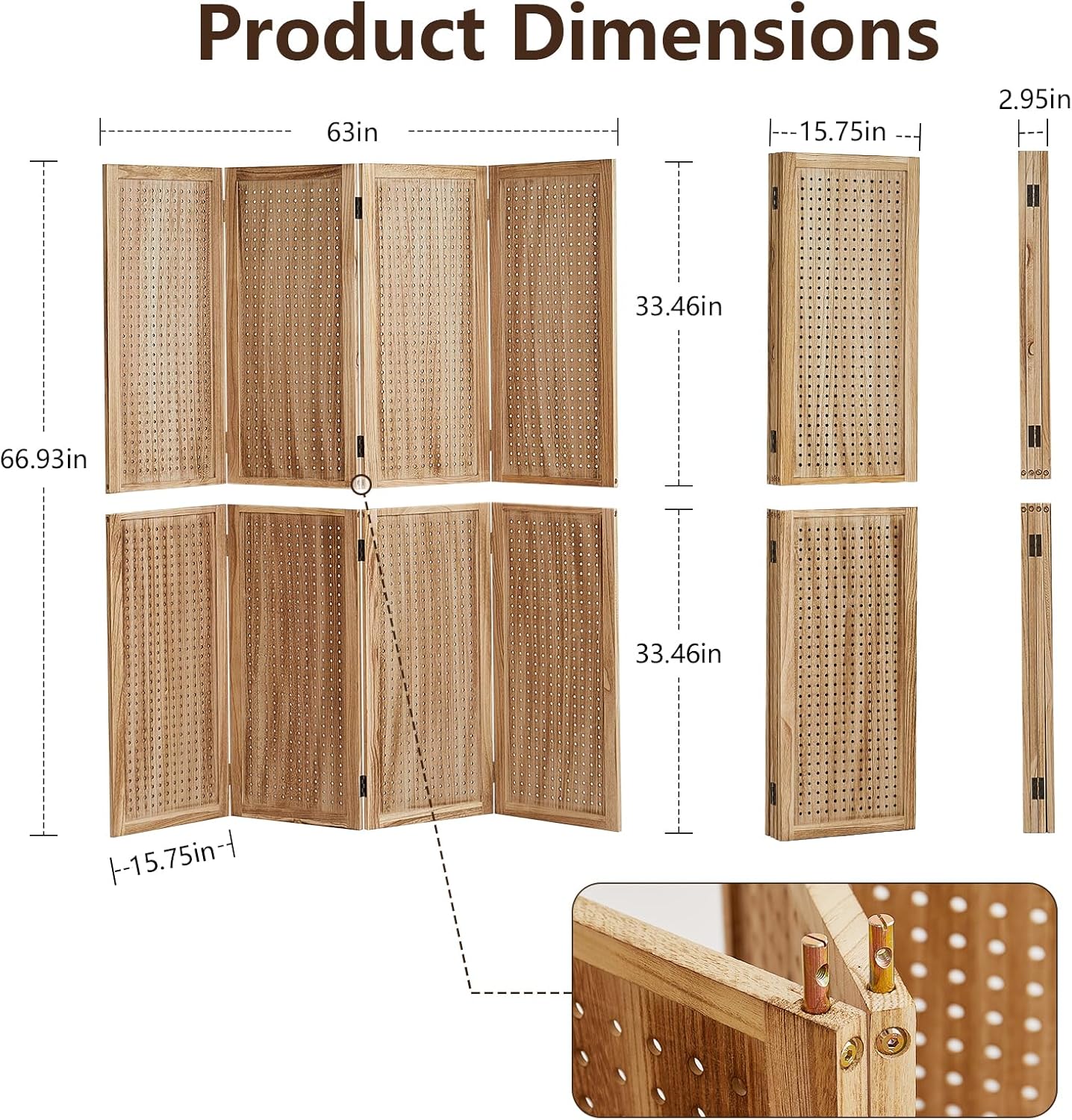 4 Panel Wooden Room Dividers, 5.6FT High Plug-in Folding Screen Made of Natural Wood, Pegboard Display for Bedroom and Shopping Malls and Jewelry Stores, Dark Brown