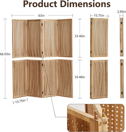 4 Panel Wooden Room Dividers, 5.6FT High Plug-in Folding Screen Made of Natural Wood, Pegboard Display for Bedroom and Shopping Malls and Jewelry Stores, Dark Brown