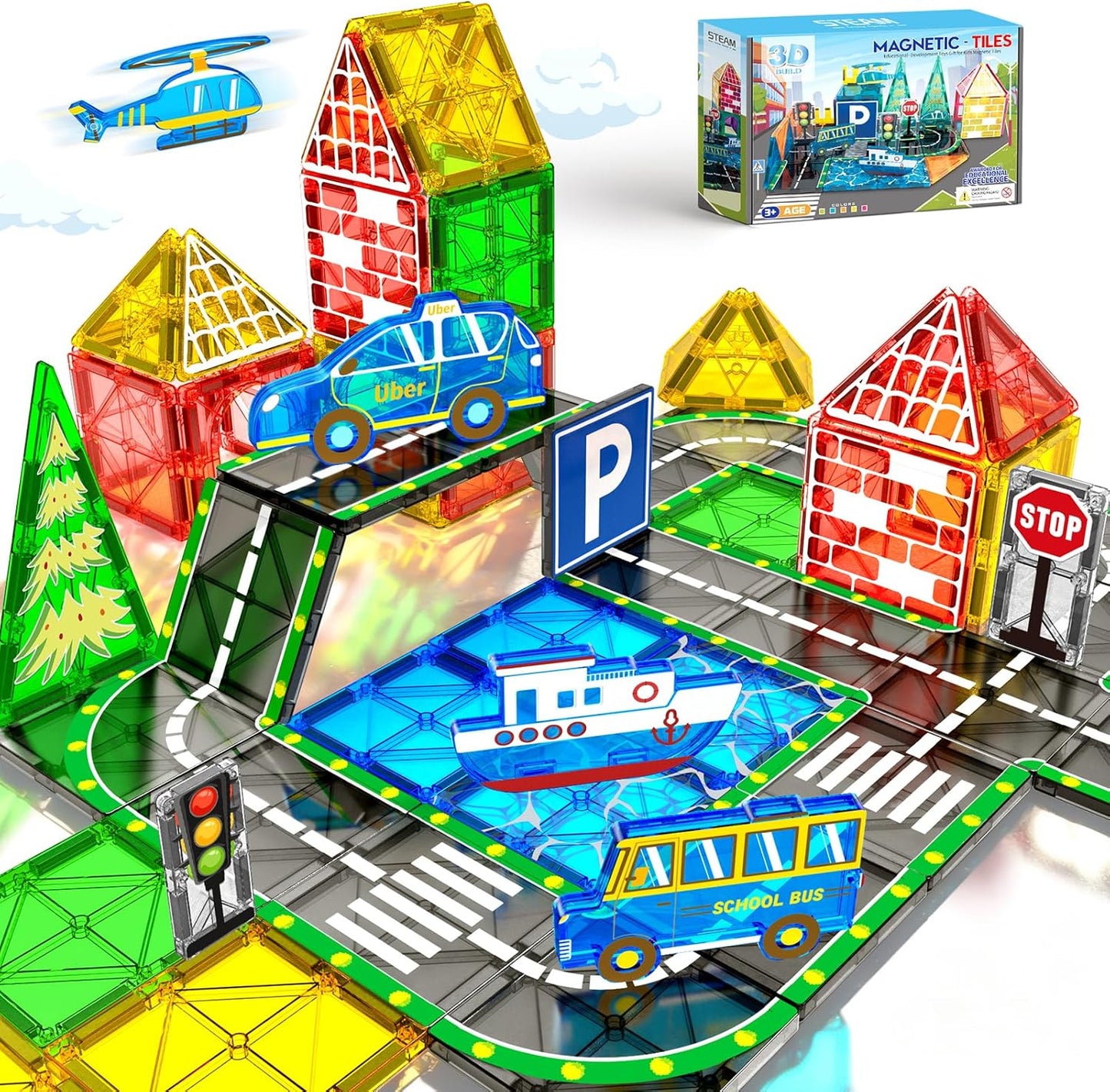 KAEILORU Magnetic Tiles Road Set with Car Magnet Building Tile Toys for Kids Ages 3-5 4-8 5-7 Magnetic Blocks Expansion Pack STEM Construction Valentines Toys Boy Girl Toddler Birthday Gift 42pcs