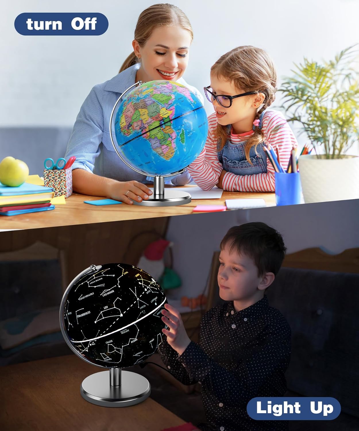 Globe for Kids & Adults Illuminated With Constellation Night Light View, 8-Inch World Globe for Classroom, Light Up Desk Globes for Earth Educational Learning & Home Desktop Decor, Geography Gifts