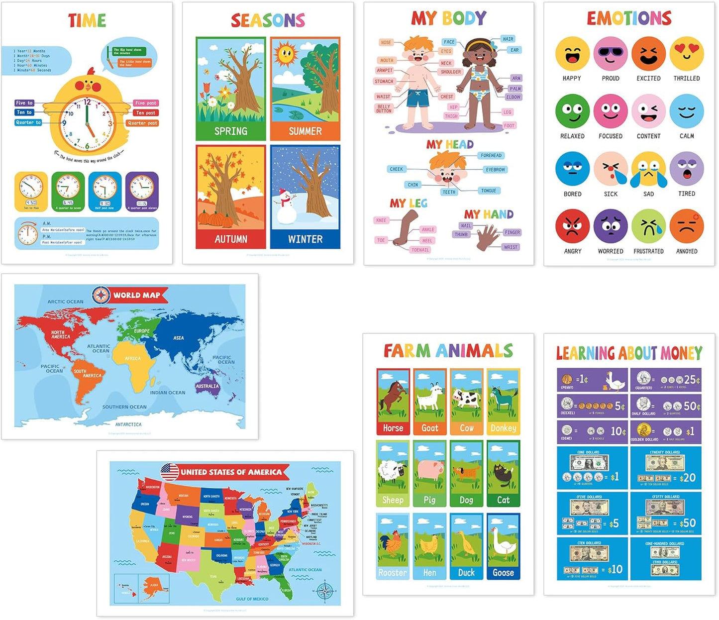 16 Laminated Educational Posters for Toddlers & Kids - Homeschool Supplies & Kindergarten Classrooms - Includes Alphabet ABC, Numbers 1-100, Shapes, Colors, World & USA Map (17x11", Ships Flat)