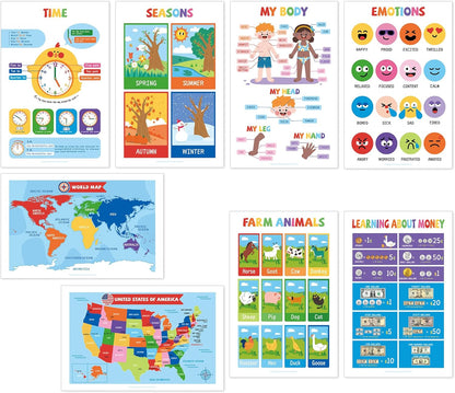 16 Laminated Educational Posters for Toddlers & Kids - Homeschool Supplies & Kindergarten Classrooms - Includes Alphabet ABC, Numbers 1-100, Shapes, Colors, World & USA Map (17x11", Ships Flat)
