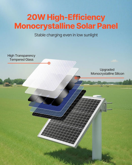 VEVOR 20W 12V Solar Panel Battery Charger, Solar Battery Trickle Charger Maintainer with Built-in Controller & 0-60° Adjustable Pole Mount Bracket, IP67 for Gate Fence Farm Lawn (Fit 1.5" - 3" Poles)