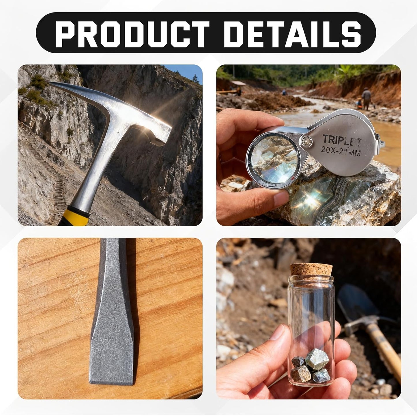 Geology Rock Pick Hammer Kit – 25PCS Rock Hammer Kit, Complete Geology Kit with Chisels,Folding Shovel, Safety Gear,Gold Panning Kit Accessories, Rock Hounding Equipment for Outdoor Exploration