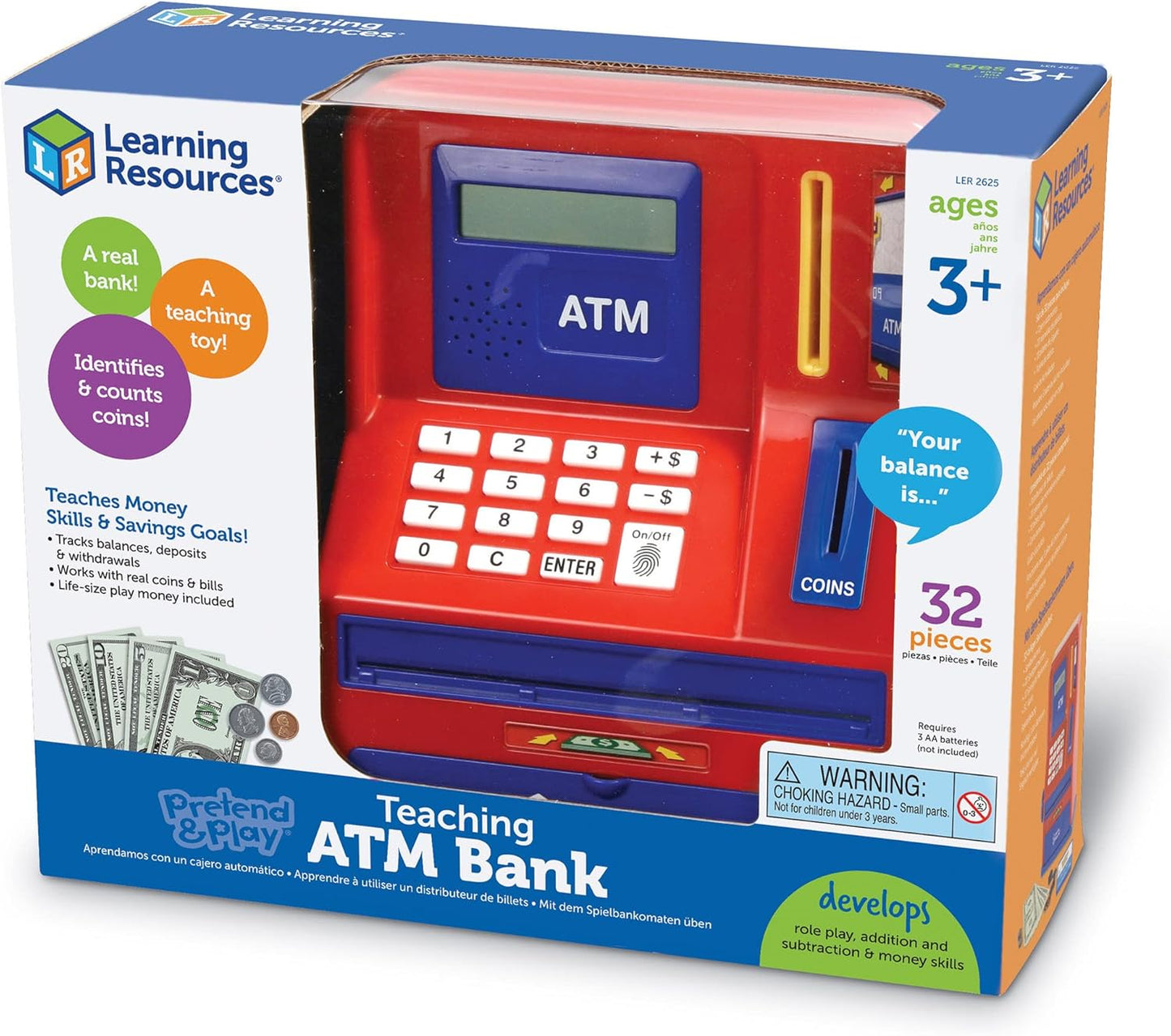 Learning Resources Teaching ATM Bank - 32 Pieces, Ages 3+ Toddler Learning Toys, Cash Register for Kids, Play Money for Kids