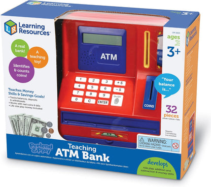 Learning Resources Teaching ATM Bank - 32 Pieces, Ages 3+ Toddler Learning Toys, Cash Register for Kids, Play Money for Kids