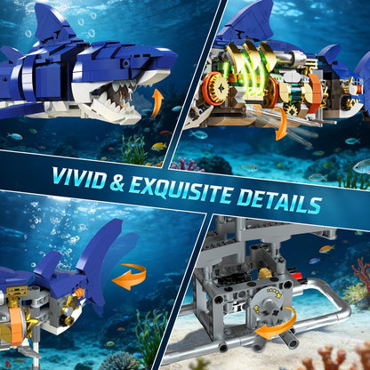 INSOON Mechanical Shark Building Set with LED Light, 687 PCS Movable Ocean Animal with Display Stand, Sea Fish Building Block Toy, Home Decor Gift for Adults Teens Kids Boys Ages 12+