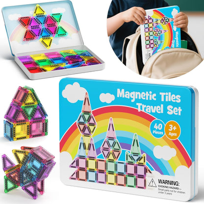 Mini Magnetic Tiles 40PCS Travel Set with Iron Storage Box, Portable STEM Building Blocks for Kids 3-8, Montessori Educational Magnet Toys for Road Trip, Airplane, Car Rides & On-The-Go Play