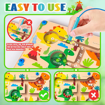Magnetic Color and Number Maze, Commodum Montessori Counting Matching Learning Puzzle Board, Dinosaur Wooden Magnet Maze Game, Toddler Fine Motor Skills Travel Toys for Boys Girls 3 4 5 Years Old