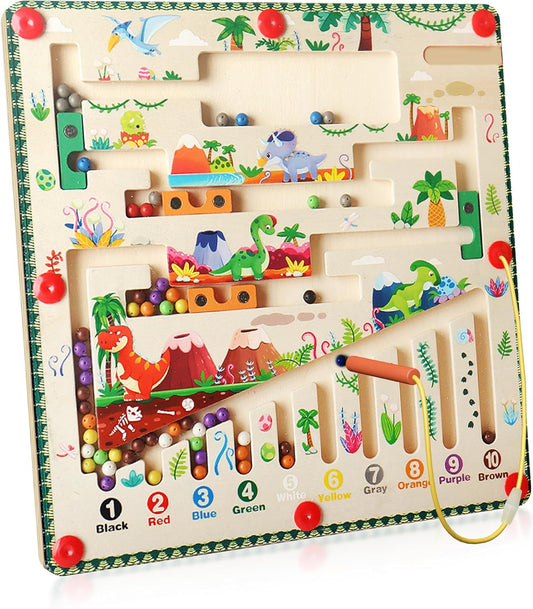 Magnetic Color & Number Maze for Toddlers 3+, Dinosaur Montessori Toy, Wooden Color Sorting & Counting Board, Fine Motor Skills Preschool Learning Activity, Gift for Boys Girls