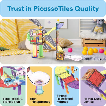 PicassoTiles 121pc Magnetic Tile Race Track Marble Run Magnet Tiles 3-in-1 Playset Car Racing Construction Set STEM Learning Early Education Building Toy Cars for School Toddlers Boys Girls Ages 3+