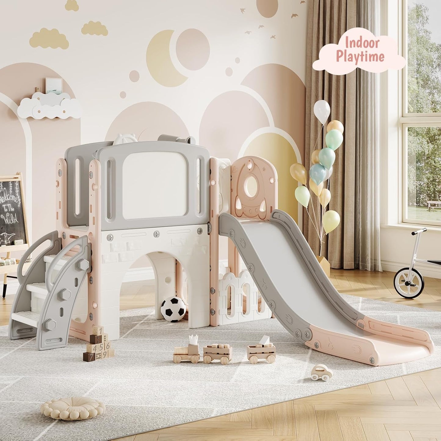 GarveeLife Toddler Slide 8 in 1 Indoor Playground Outdoor Playset Kids Baby Slides for Toddlers Age 1-3 with Climber Basketball Hoop Telescope Drawing Board and Storage Space for Courtyards