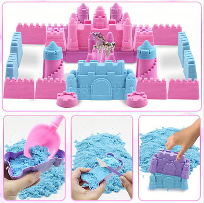 Unicorn Sensory Bin Sand Kit - 155 Pcs with 2.2lbs Sand, 9 Castle & 8 Unicorn Molds, 12 Tools, Tactile Sensory Fillers for Girls Age 4-9 Gifts