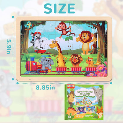 Wooden Puzzles Toys for Kids Ages 3-5, Set of 4 Packs with 20-Piece Farm, Animals Theme Wood Jigsaw Puzzles, Preschool Educational Brain Teaser Toys for Boys and Girls 3-6 Years Old.