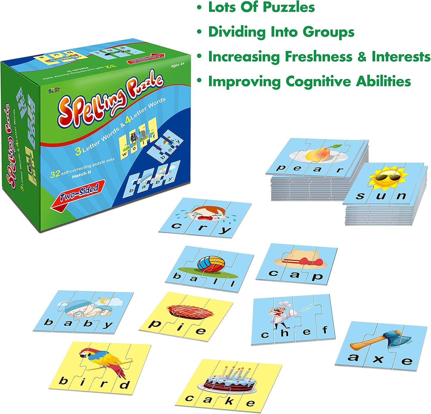 72 Word Spelling Puzzles with Error-Correction Mechanism in 3 Pieces, Perfect for Preschool Learning (36 Block Double Sided)