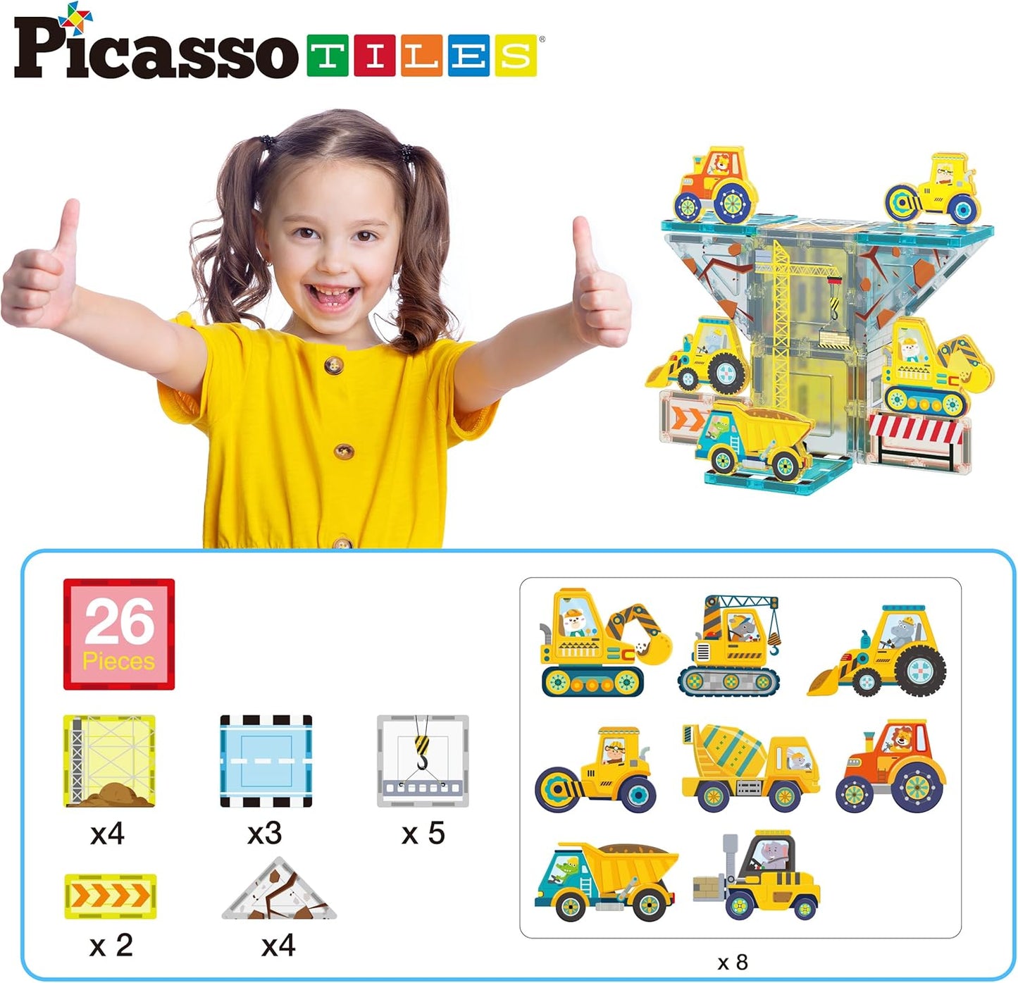 PicassoTiles Magnet Tile Construction Themed Building Blocks 5-in-1 Crane, Ladder, Dump Truck, Excavator, and Backhoe Action Figures, 2 Car Base Vehicles Magnetic Tiles Learning Toys Kids Ages3+ PTU06