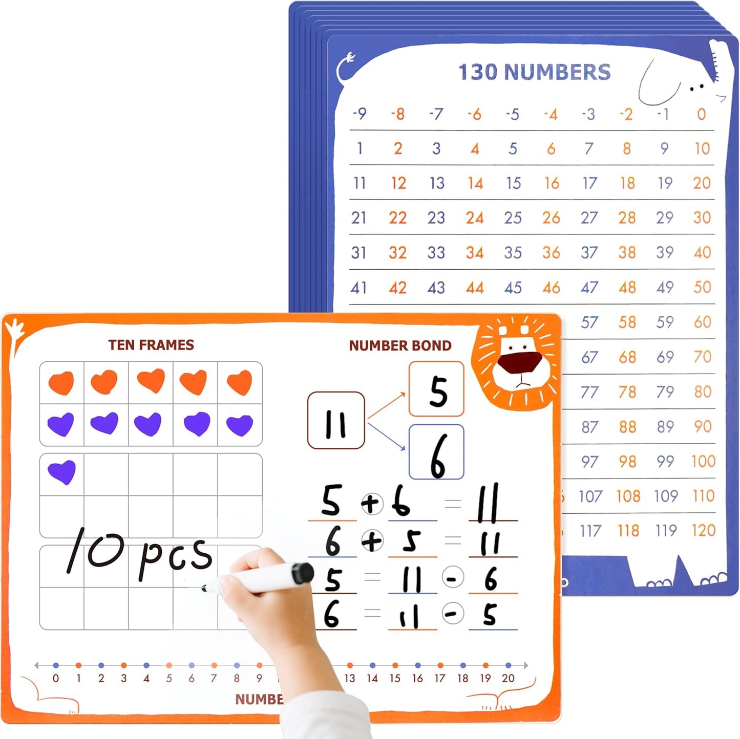 Dotimo 10 PCS Small Dry Erase Boards and Math Manipulatives - Reusable 12"x9" Double Sided Whiteboard with Number Line, 130 Numbers Chart for Classroom Homeschool