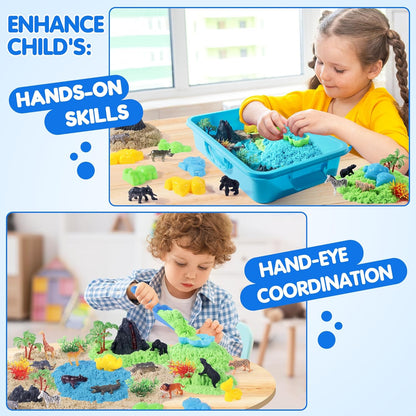 Billeeit Animal Sensory Bin Sand Toy, Play Sand Kit w/lid and 2.2lbs Moldable Sensory Sand, Molds, Tools, Map Set 30+pcs Total, Fun Gifts for Kids 3+