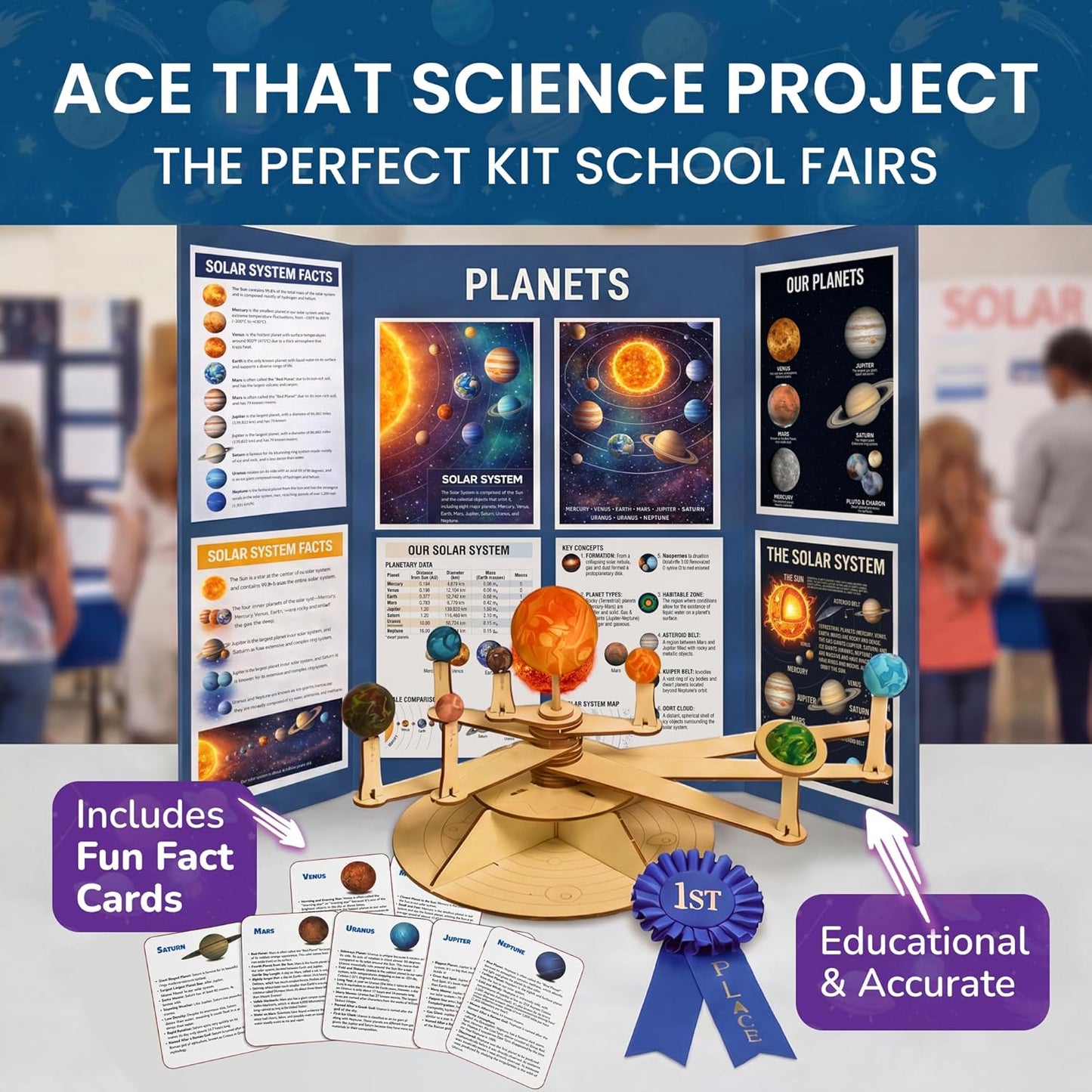 Nine Planets DIY Solar System Model for Kids - Complete Solar System Kit for Kids 8+ Years Old - Includes Wood Model & Puzzle with Fact Cards - Science Kits for 8-12 Years Old