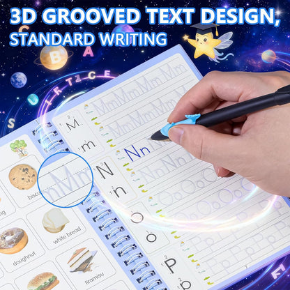 Magic Grooved Writing Practice Books, Handwriting Practice Magic Copybook for Kids Ages 3-8, Large Grooved Writing PracticeBook Aid Magic Pen Reusable Letter Learning Kit, Kindergarten Workbooks