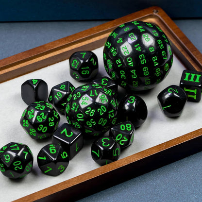 15 Pieces Complete Polyhedral DND Dice Set D3-D100 Spherical D&D Dice Set with Dragon Eye Dice Bag, D100 Dice for RPG Table Games(Black w/Purple Numbers)