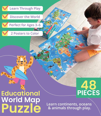 Floor Puzzles for Kids Ages 3-5 4-6 Educational 48 Piece Farm Animals with 2 Giant Coloring Posters Preschool Learning Toy Tractors Tools Barnyard Animals Screen Free Family Playtime