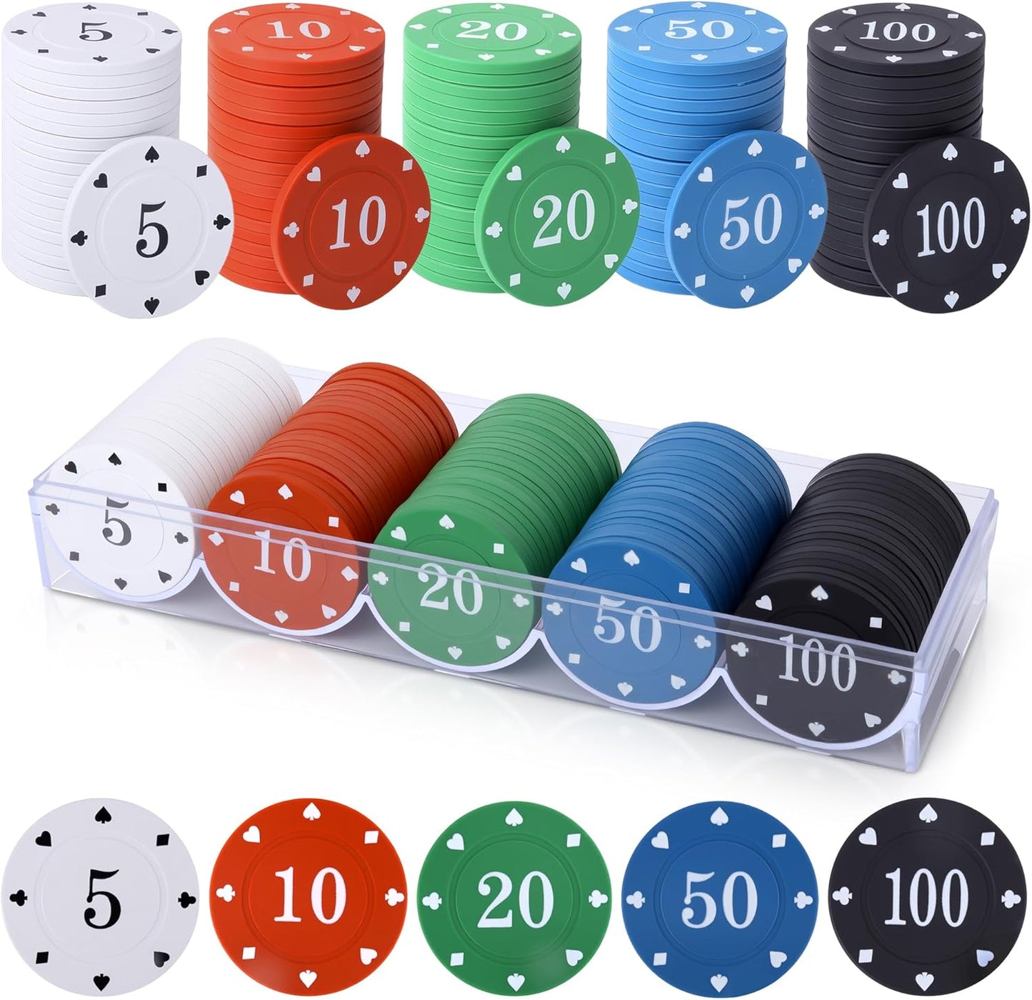 100PC Poker Chips - Plastic Learning Counters Chips with Acrylic Storage Case for Texas Hold'em Blackjack, Math Games & Counting Activities
