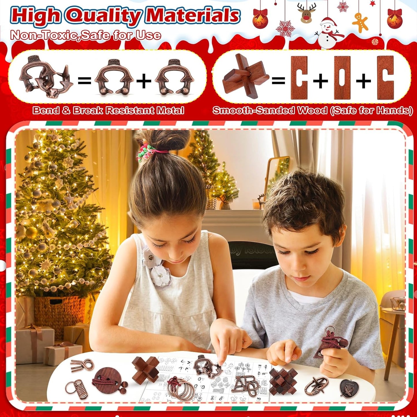 Advent Calendar 2025 Brain Teaser for Kids & Adults - 24 Days of Metal Puzzle Ring & Wooden Toy Games, Christmas Countdown with Mind IQ Logic Challenges, Unlock Interlock Gift for Boys Girls Teens