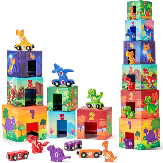 Atoylink Toddler Sorting and Stacking Toys with Magnetic Wooden Cars & Community Helpers, Baby Number Blocks Nesting Boxes Preschool Learning Montessori Toys for 1 2 3 Year Old Boys Girls Gift