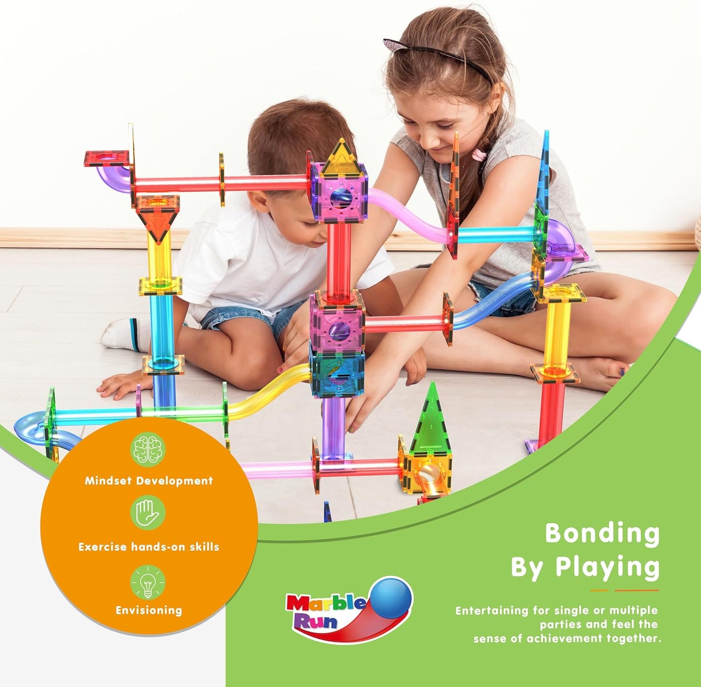 PicassoTiles 108pc Magnetic Marble Run Set with Building Tiles Race Track Car Slides Set STEM Learning Toy 3-in-1 Preschool Construction Kit for Indoor Activity and Development for Kids age 3+ PTG108