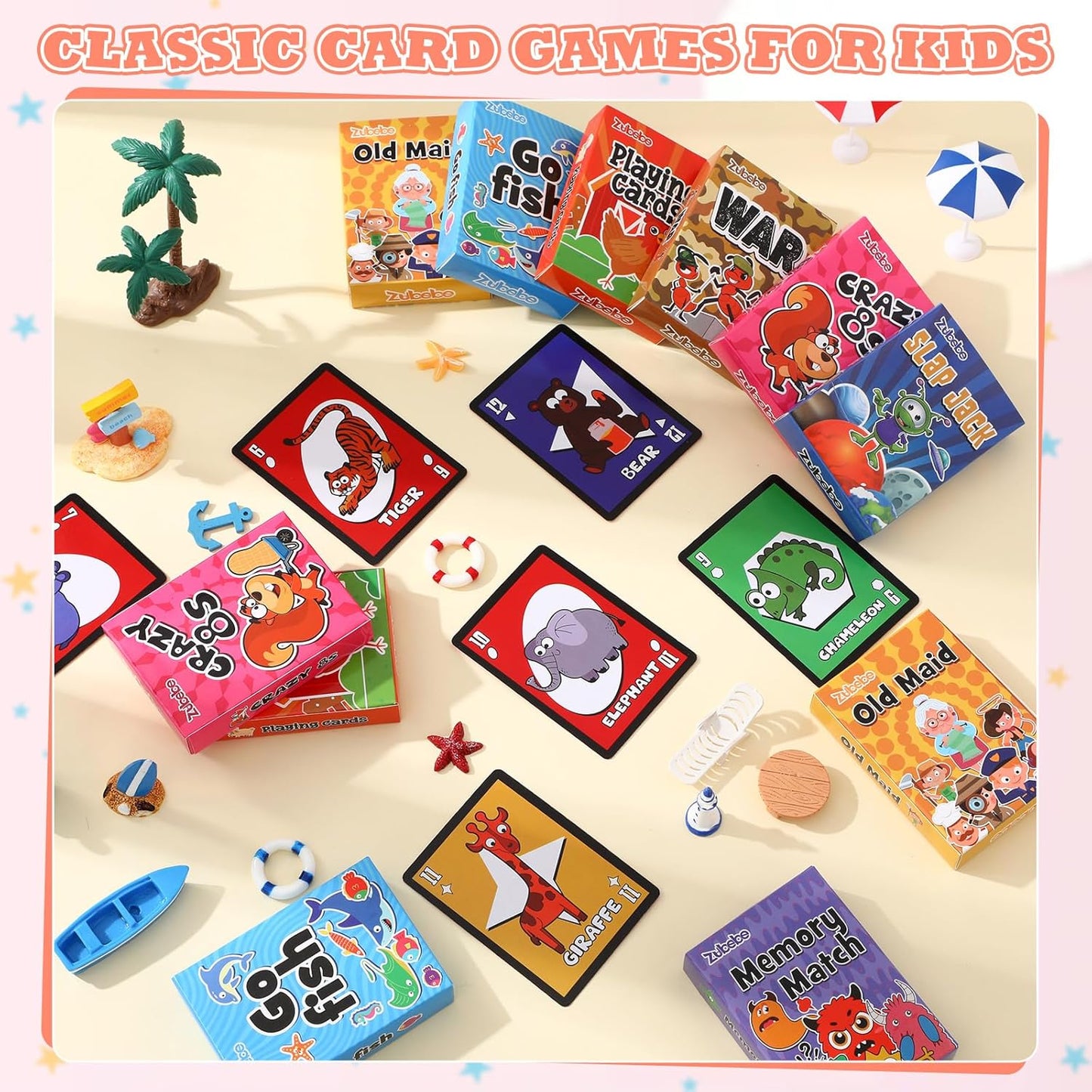 Zubebe 28 Pack Kids Card Games Gifts Bulk Classic Playing Card Game Set for Kids Includes Go Fish, Old Maid, Crazy Eights, Memory Match, Slap Jack, Playing Toy for Party Favors (Classic)