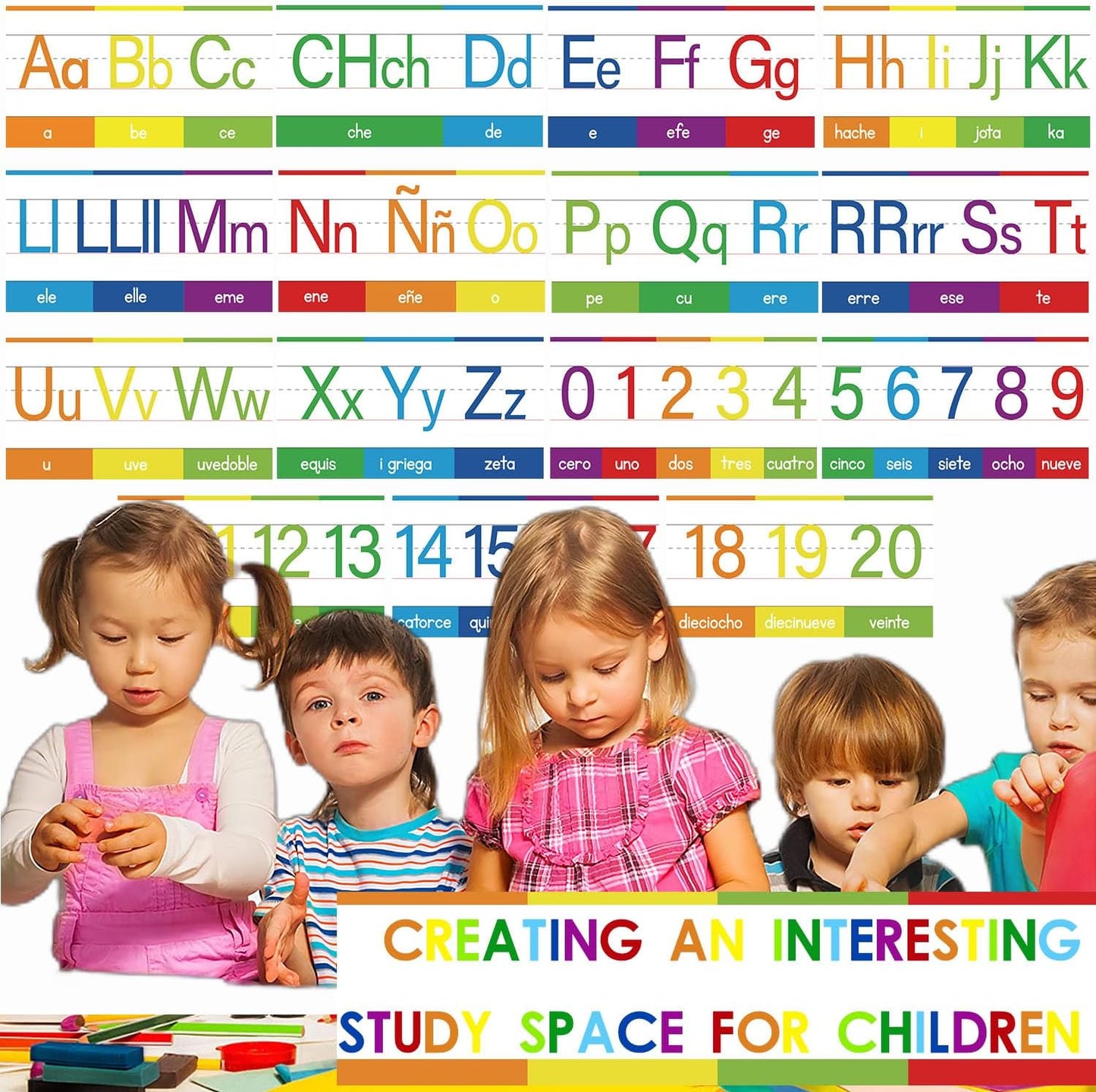 YIYDONG 15 Pieces Spanish Alphabet Line Bulletin Board Set Alphabet for Classroom Wall ABC Spanish Posters for Classroom Decor