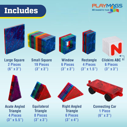 Playmags Magnetic Tiles for Kids 100-Piece Set, STEM Educational Building Blocks Toys for Kids, Includes Click-in ABC Learning Tiles, Gift for Boys & Girls, Add on Magnetic Figures, Car Set Available