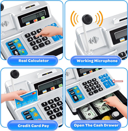 Calculator Cash Register Toy Gift for Kids Age 3, 4, 5, 6, 7, 8+ Year Old, 103 Pcs Pretend Grocery Store Playset with Toy Cash, Microphone, Credit Card, Play Cash Register for Toddlers 4-8, Silvery